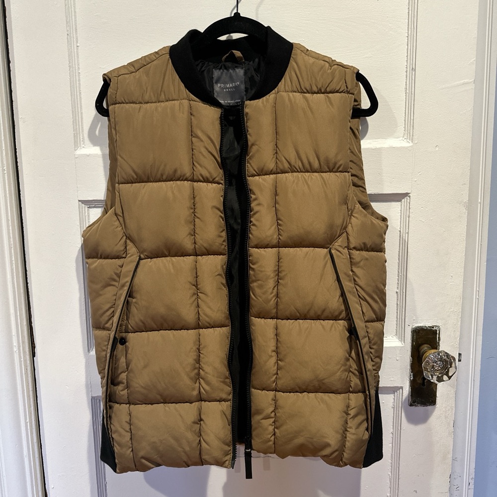 Tan Puffer Vest with Black Trim